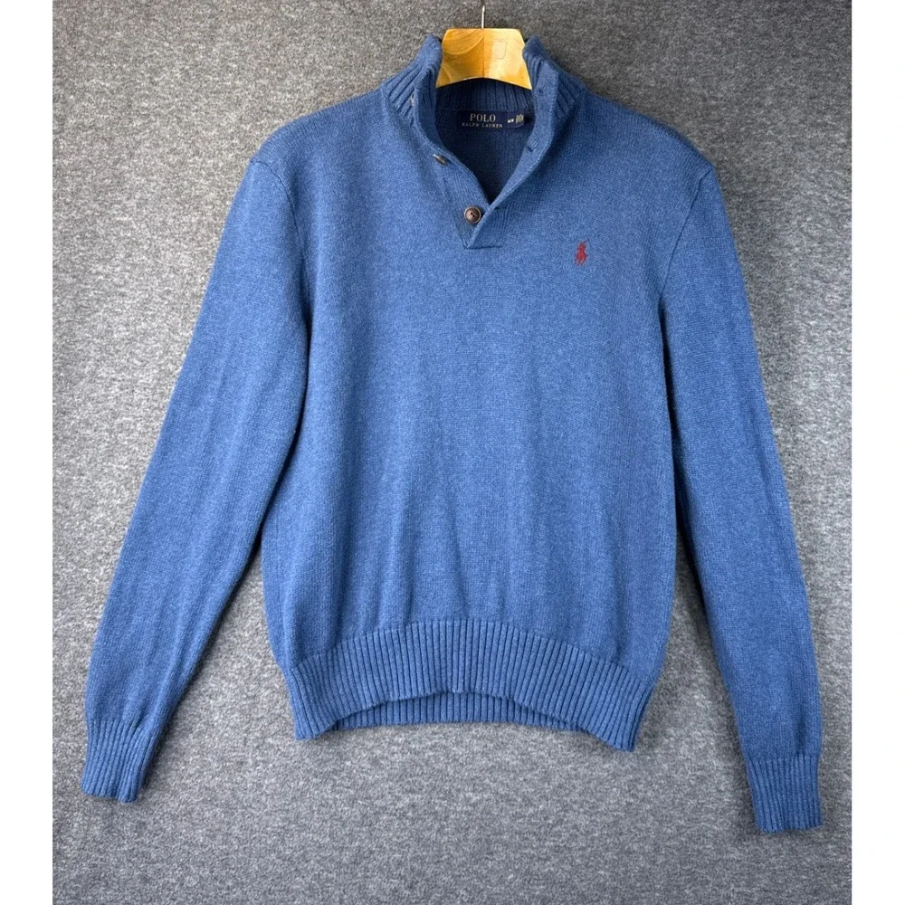 Polo Ralph Lauren Blue Cotton Mock Neck 3 Button Pullover Sweater Men M Academia